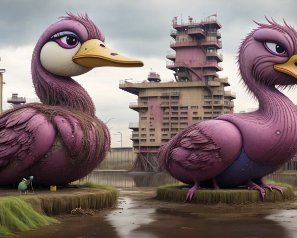 Cartoonish pink ducks in an industrial landscape