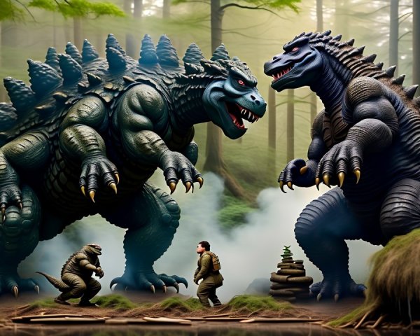 Colossal Creatures Clash in Misty Forest Setting