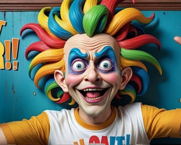 Cartoon Clown with Colorful Hair and Playful Background