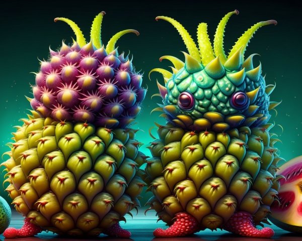 Whimsical Cartoon Pineapples with Colorful Fruit Scene