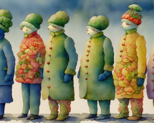 Whimsical Figures in Colorful Produce-Themed Coats