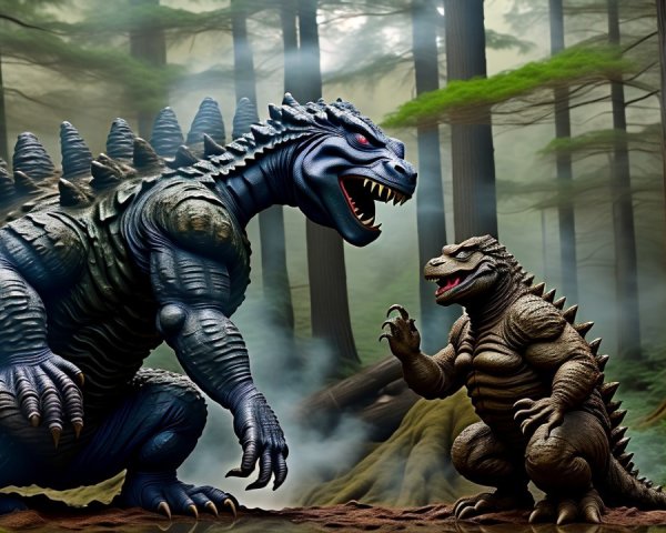 Giant Kaiju Encounter in a Misty Forest Setting