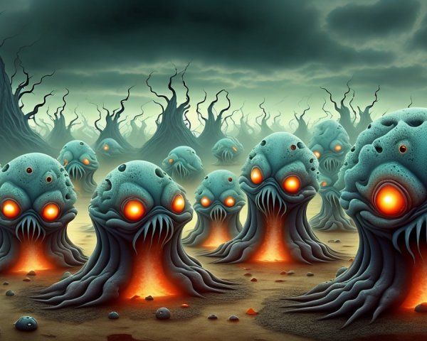 Surreal Landscape with Eerie Creatures and Dark Terrain