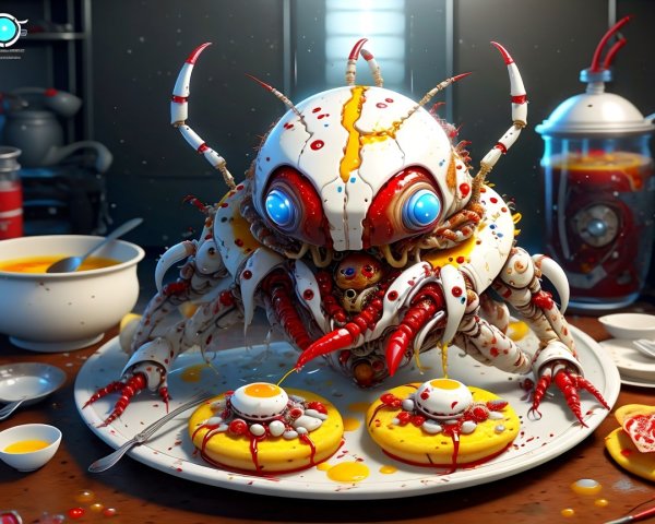 Whimsical Robotic Creature with Pancakes and Soup