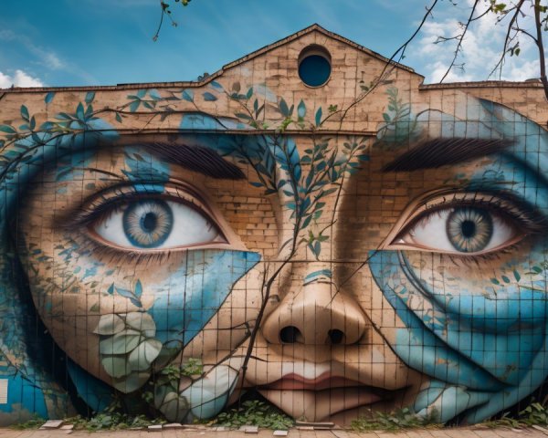 Mural with Expressive Face and Nature-Inspired Details