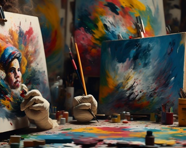 Vibrant Art Studio with Colorful Paintings and Supplies