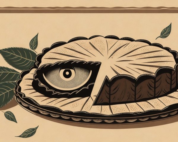 Whimsical Pie Illustration with Stylized Eye and Leaves