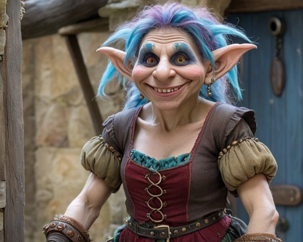 Full-body portrait of a colorful hag character