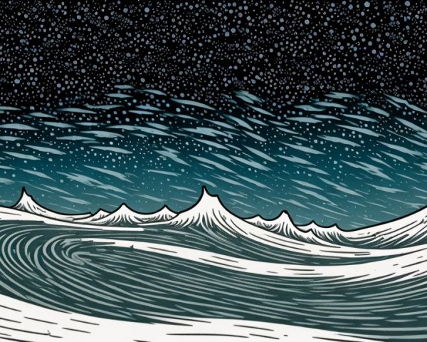 Dramatic Night Scene with Waves and Starry Sky