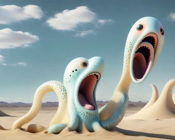 Whimsical Creatures in a Surreal Desert Landscape