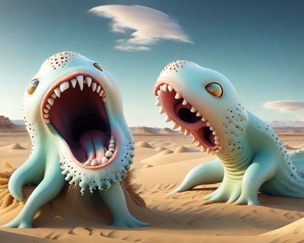 Surreal Creatures in a Desert Landscape with Sky