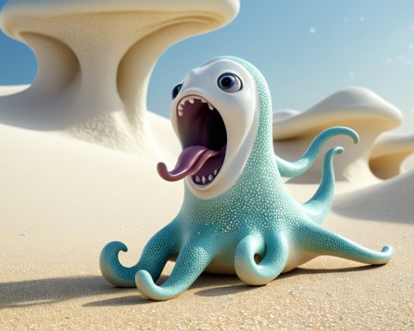 Cartoonish Octopus in Whimsical Sandy Landscape