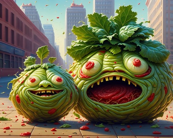 Playful Vegetable Creatures in Urban Setting