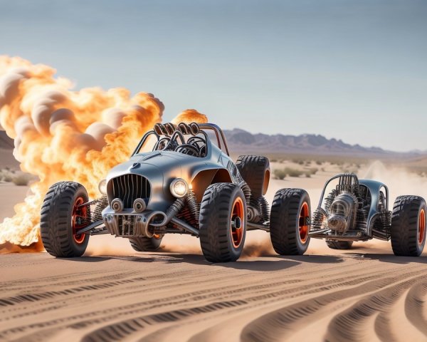 Futuristic dune buggies racing in a desert landscape