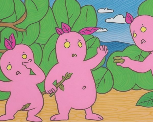 Playful Pink Figures in a Cartoonish Forest Scene