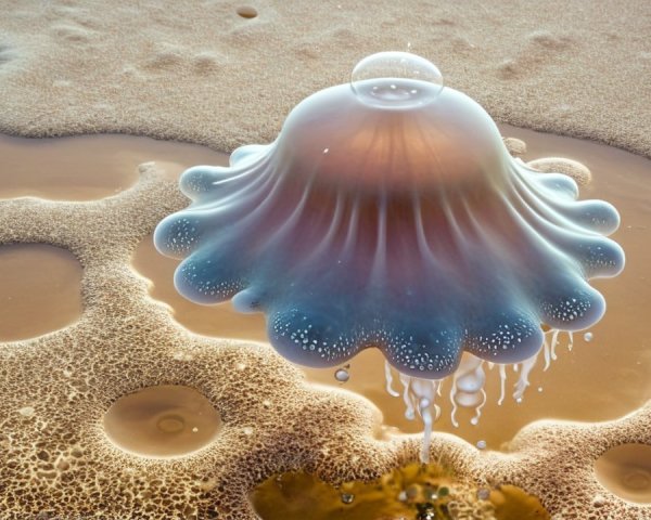 Translucent jellyfish in shallow waters with bubbles