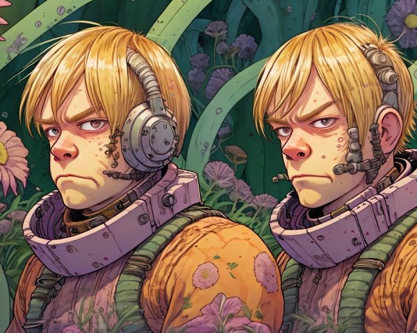 Identical Characters in Futuristic Space Helmets Amid Nature