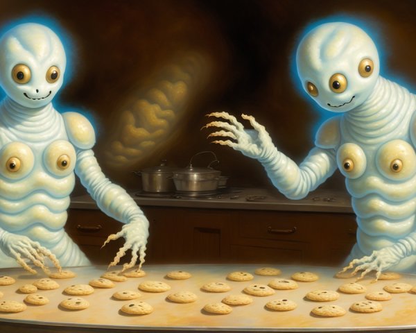 Whimsical Kitchen with Alien Creatures Baking Cookies
