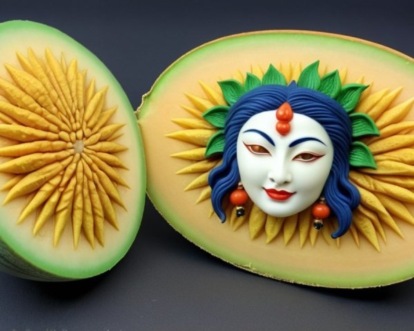 Intricately Carved Melon with Sun Ray Patterns