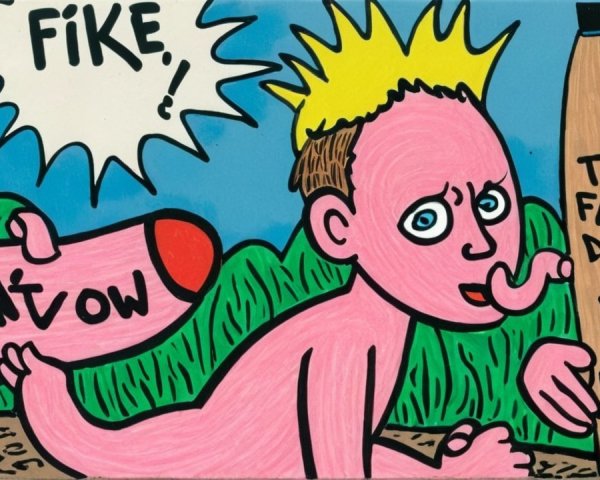 Cartoonish Pink Figure with Humorous Elements and Dialogue