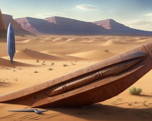 Futuristic Spacecraft in Desert with Wooden Canoe Object