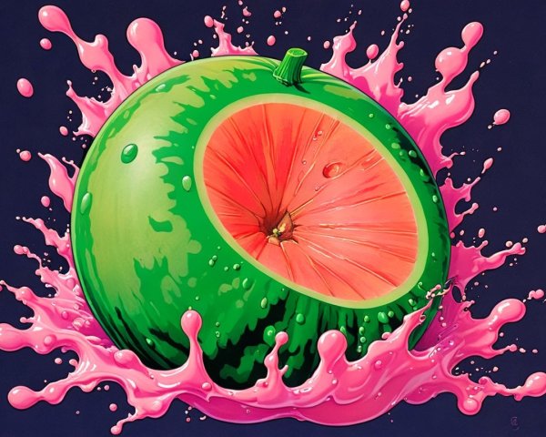 Digital painting of a watermelon with vibrant cutaway section