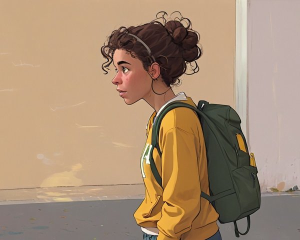 Young girl in yellow sweatshirt with green backpack