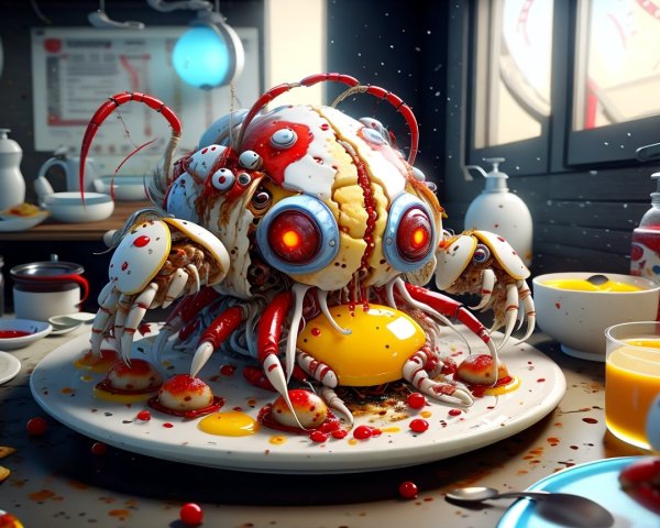 Whimsical Robotic Creature at Breakfast Table Scene