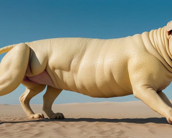 Surreal Giant Dog in Vast Desert Landscape