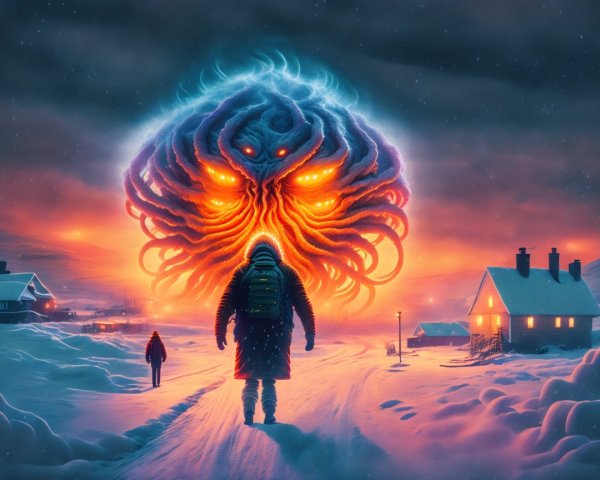 Lone Figure Approaches Cosmic Horror in Winter Landscape