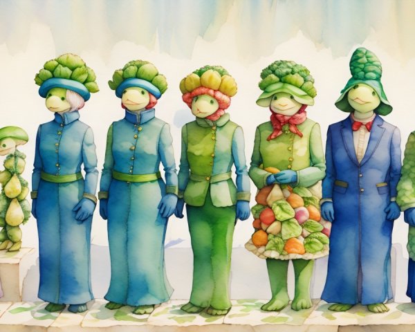 Cartoon Characters Dressed as Vegetables in Colorful Scene