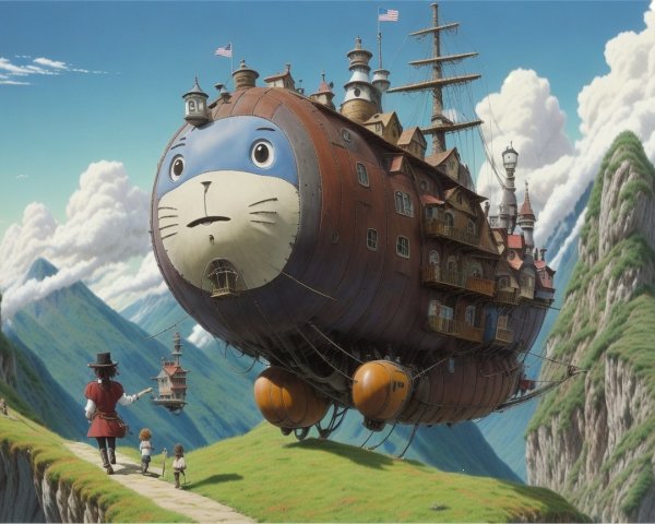 Whimsical Cat-Shaped Airship Over Green Landscape