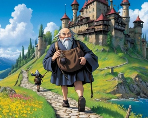 Elderly Traveler Approaches Castle on Winding Path