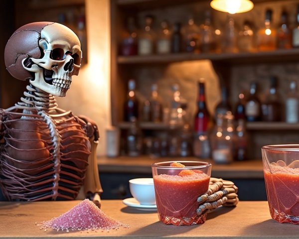 Skeleton at a Bar with Colorful Drinks and Sugar