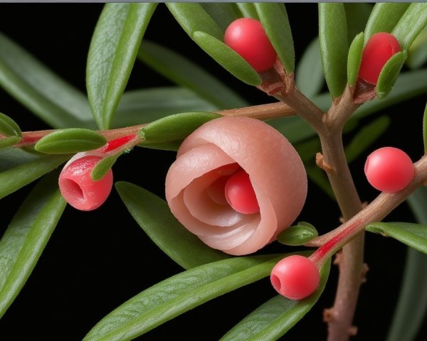 Glossy Green Leaves and Vibrant Red Fruits on Branch
