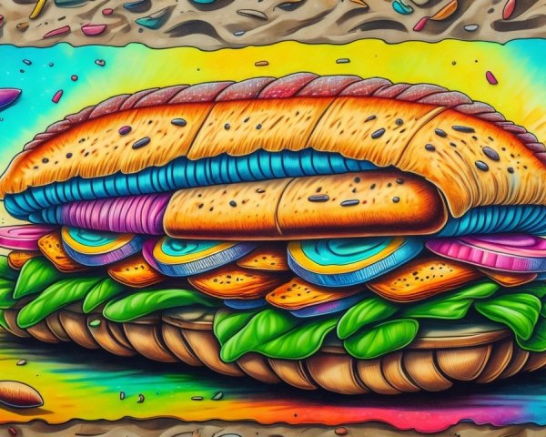 Vibrant Illustration of a Colorful Sandwich with Greens