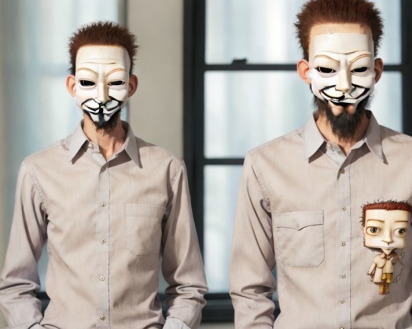 Figures in White Masks with Doll Character in Gray Shirts