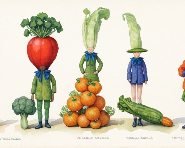 Whimsical Figures with Vegetable Heads in Colorful Outfits
