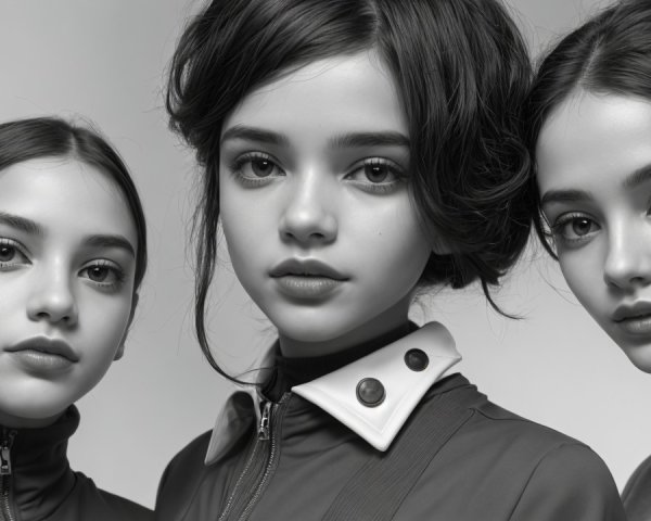 Three Young Women in Modern Attire in Black-and-White