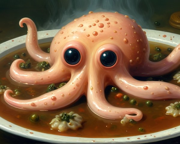 Cartoonish octopus in a bowl of whimsical soup