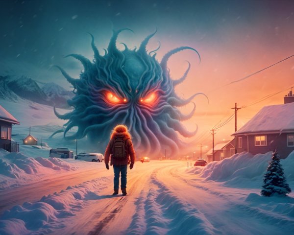 Lone Figure Observes Monstrous Entity in Twilight Sky