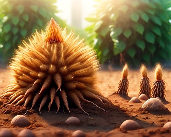 Surreal Landscape with Spiky Plants and Lush Foliage