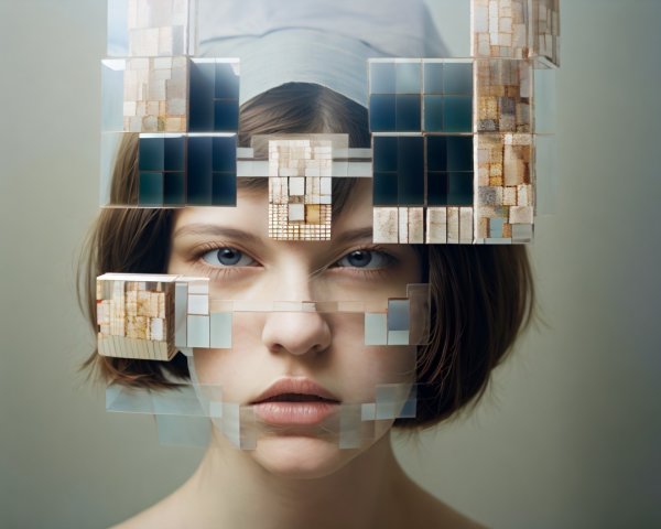 Close-Up of Young Woman with Pixelated Face and Blue Eyes