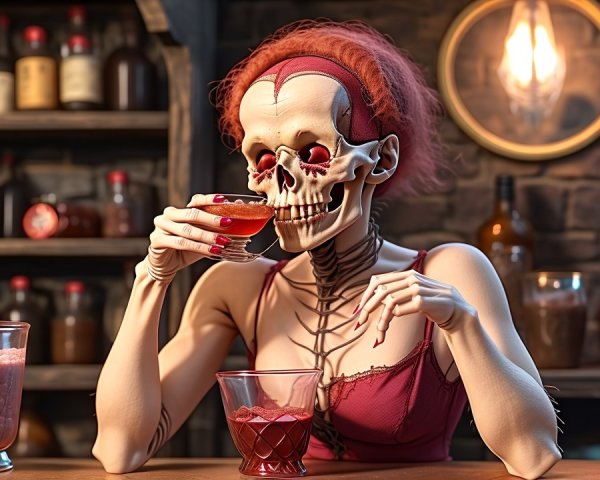 Skeleton Woman at Rustic Bar with Vibrant Cocktail