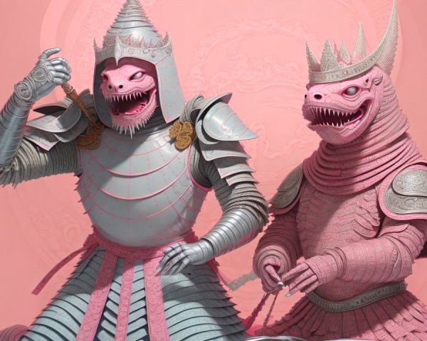 Stylized dragon warriors in pink backdrop and armor