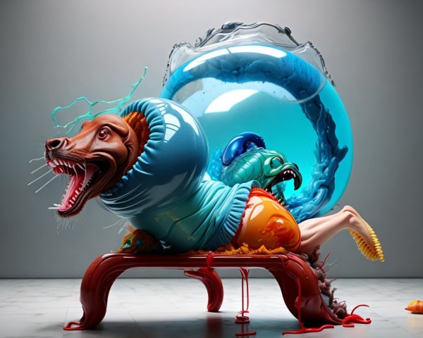 Surreal Sculpture of Hybrid Dog-Fish Creature in Bowl
