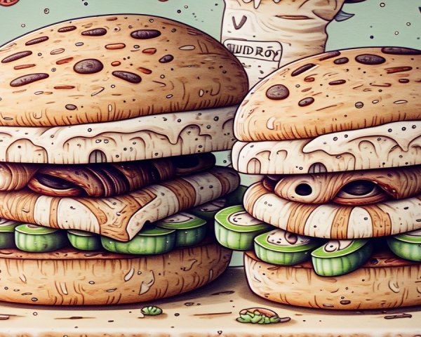 Whimsical Illustration of Colorful Stacked Burgers