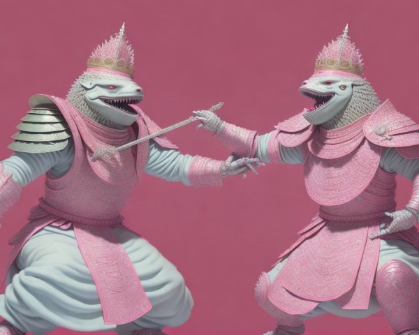 Lizard-like warriors in pink armor on solid background