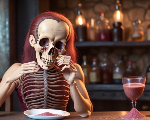Skeleton with Wig at Table with Colorful Foods