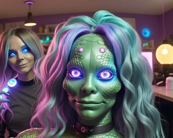 Futuristic salon with reptilian humanoid and glowing device
